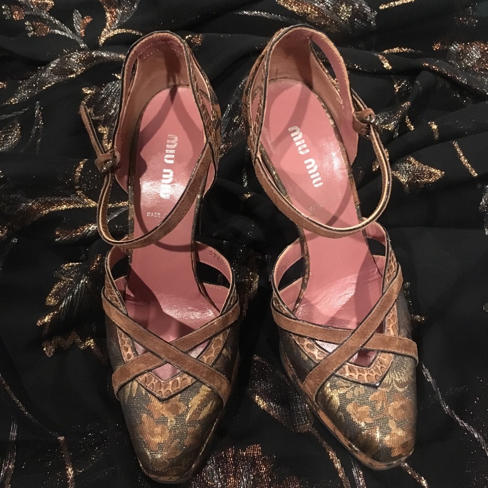 Miu Miu bronze brocade snakeskin mixed metal Mary Janes 36 - Picture 8 of 8